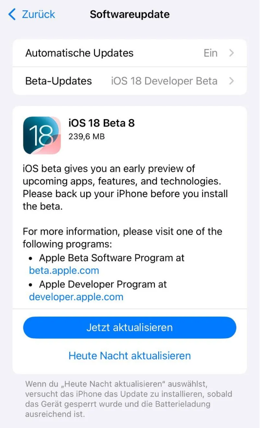 福贡苹果手机维修分享苹果 iOS / iPadOS 18 开发者预览版 Beta 8 发布 